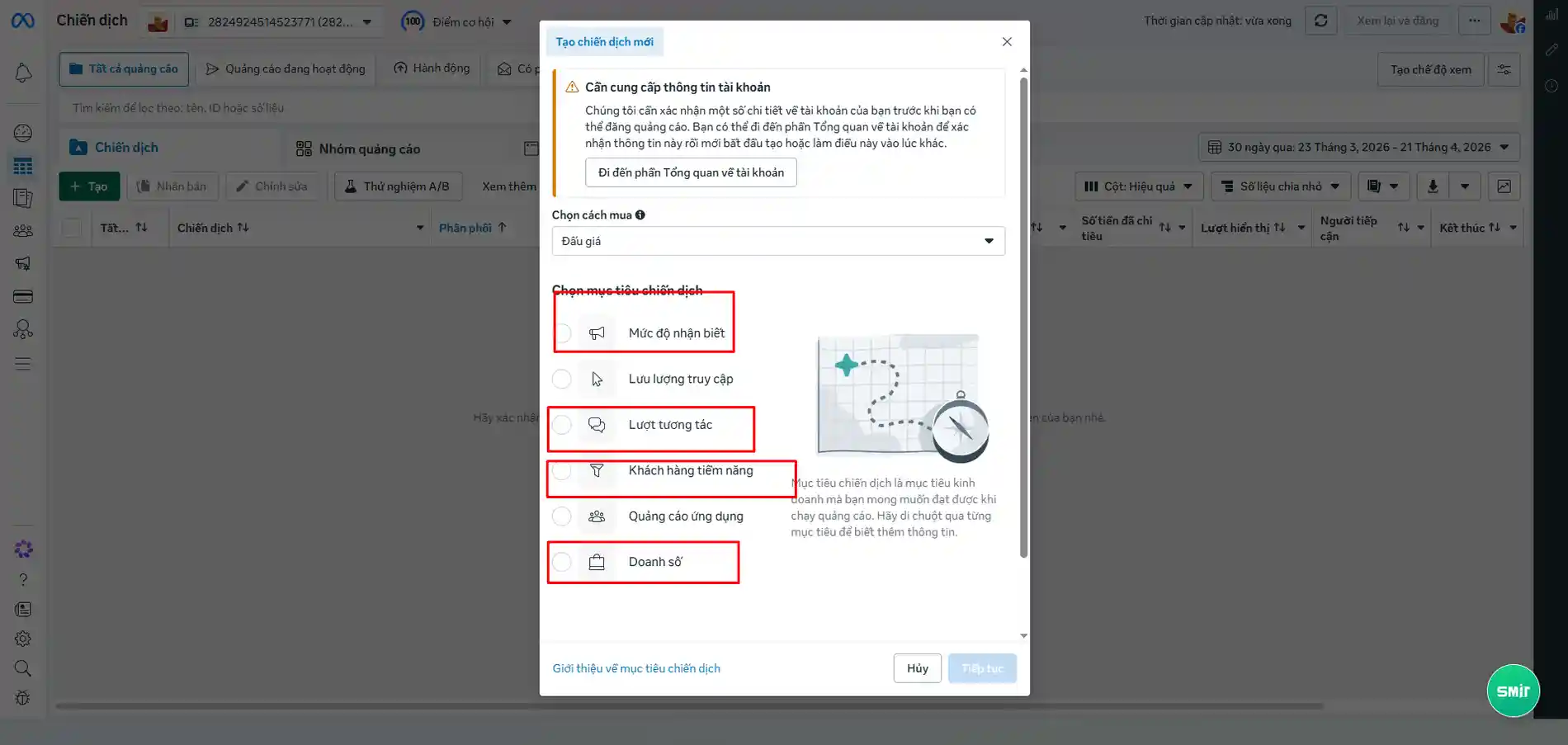 Giao diện lựa chọn mục tiêu chiến dịch quảng cáo Facebook mới nhất