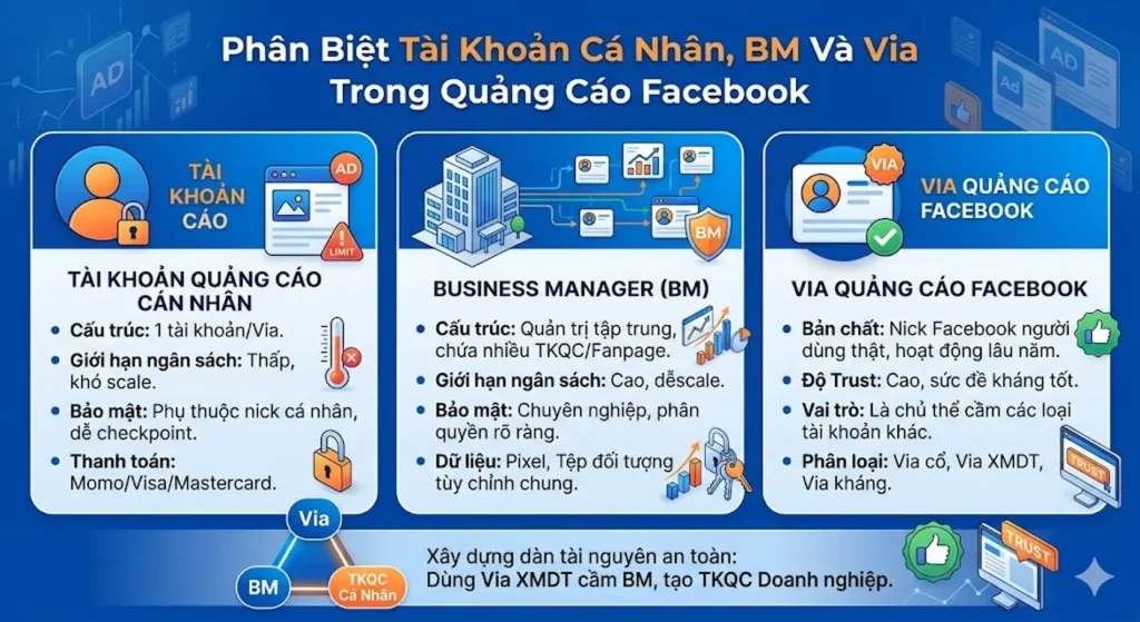 Phân biệt Tài khoản cá nhân, BM và Via trong quảng cáo Facebook